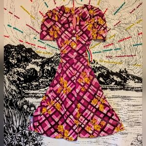 Vintage 70s Burgundy Magenta Floral Groovy Shirt Dress